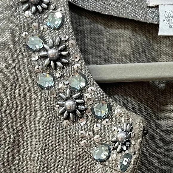 Chico’s 100% Linen Taupe Metallic Open Front Jacket Jeweled Neckline Sz S - Picture 11 of 11